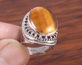 Natural Tiger-eye Gem Stone Boho Silver Ring, Cabochon Ring