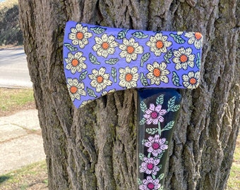 SOLD! Vintage Hand-Painted Axe with Floral Design by Dave Hill