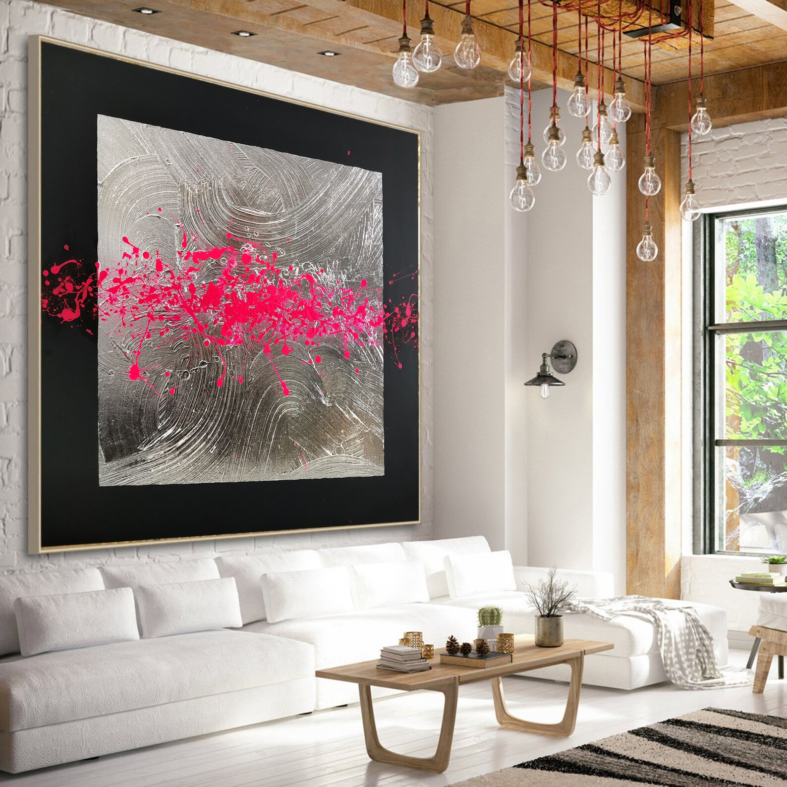 Silver Painting Hot Pink Wall Art Foyer Wall Decor Master Etsy
