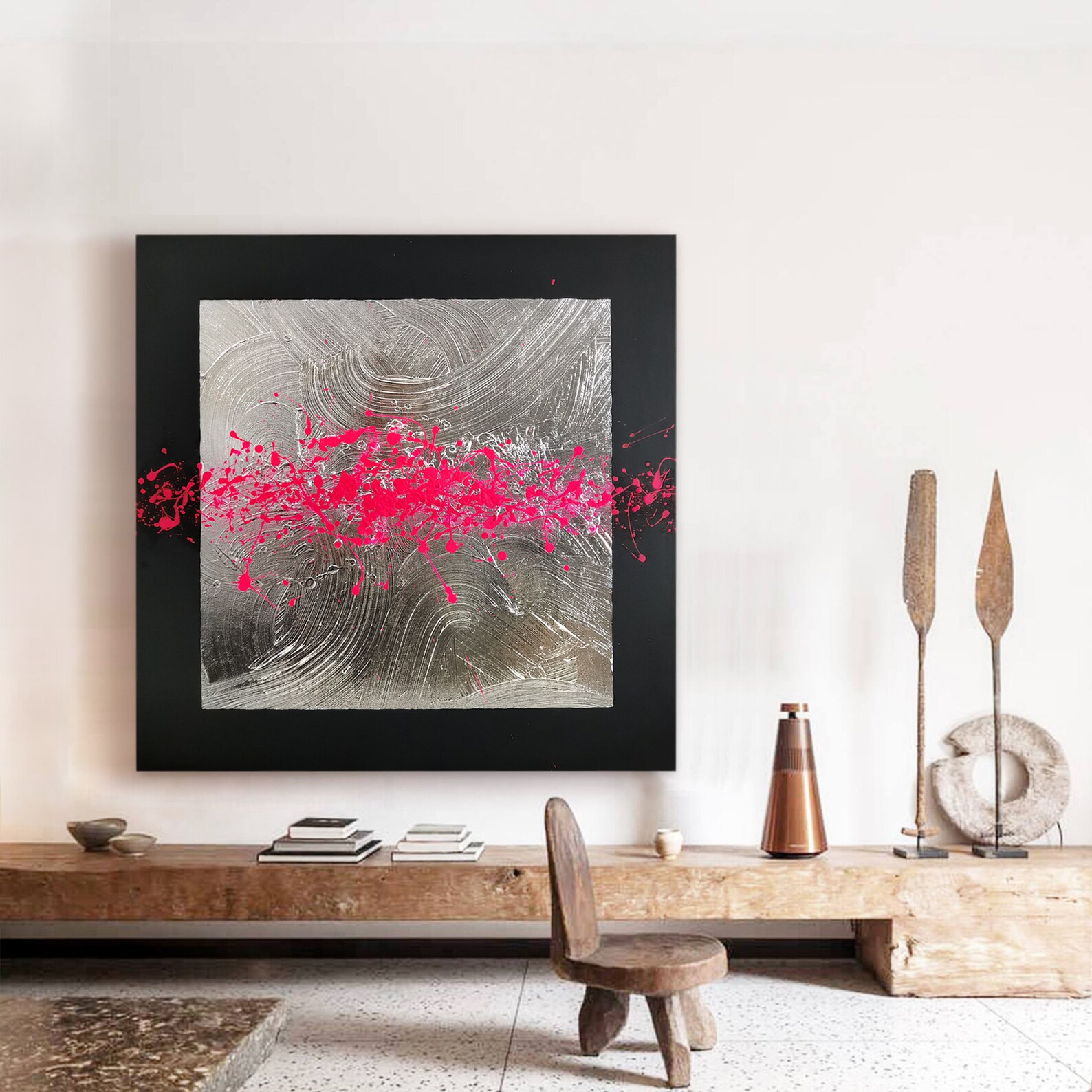 Silver Painting Hot Pink Wall Art Foyer Wall Decor Master Etsy