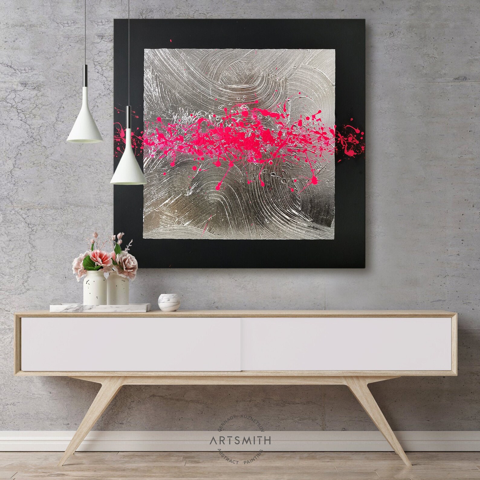 Silver Painting Hot Pink Wall Art Foyer Wall Decor Master Etsy