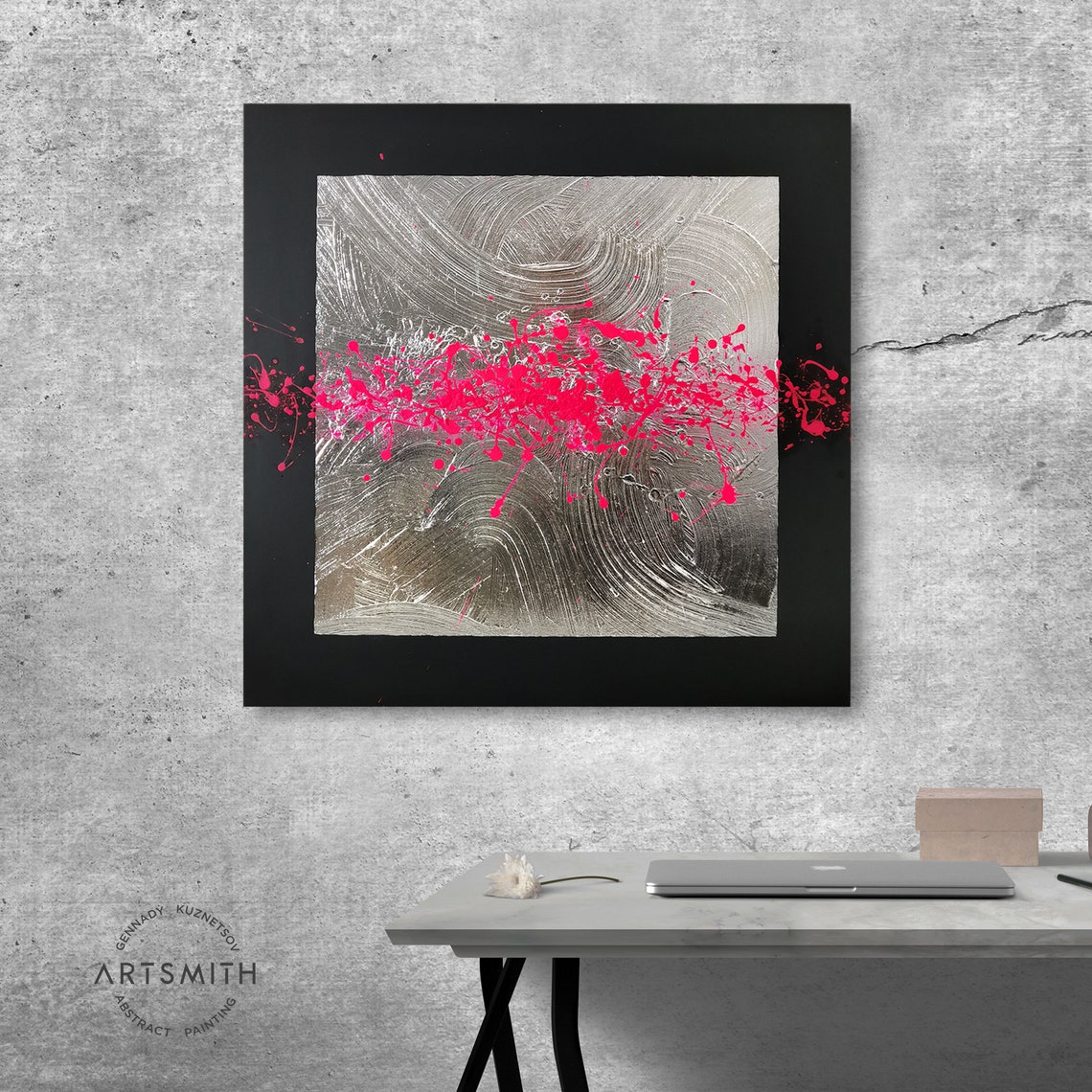 Silver Painting Hot Pink Wall Art Foyer Wall Decor Master Etsy