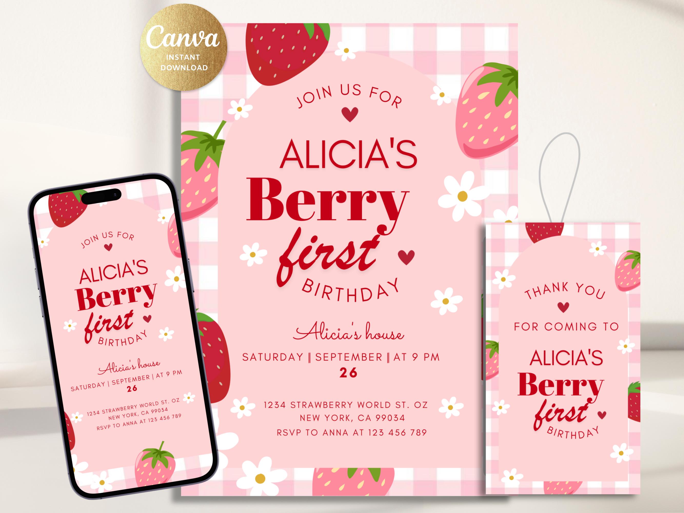 Berry First Birthday Invitation - Sweet Strawberry-Themed Party Invite, Editable for Your Little One's First Birthday!