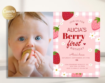Photo card, Berry First Birthday Invitation - Sweet Strawberry-Themed Party Invite, Editable for Your Little One&#39;s First Birthday