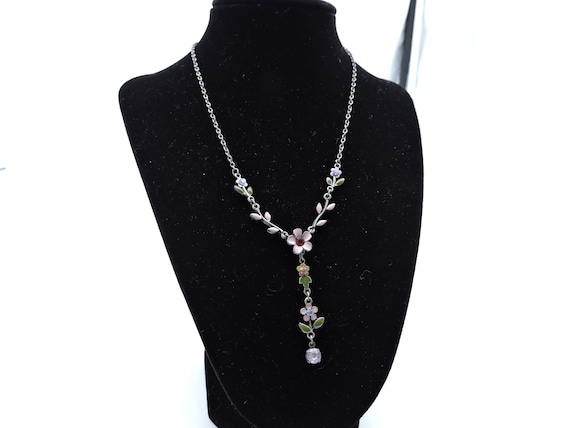 Delicate pewter drop necklace with pink flowers
