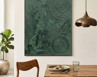 Pintura abstracta verde texturizada, arte circular con espátula y empaste denso, decoración de pared minimalista moderna, obra de arte verde salvia, lienzo grande.