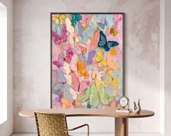 May include: A rectangular wall art piece featuring a thick, textured impasto oil painting of numerous butterflies in a vibrant palette of pink, yellow, blue, green, and purple, all layered together in a dense, abstract composition.