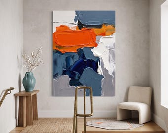 Strukturiertes abstraktes Gemälde, Kunst in Orange, Blau, Weiß und Grau, Wanddekoration mit starkem Impasto-Effekt und Spachteltechnik, modernes zeitgenössisches Kunstwerk