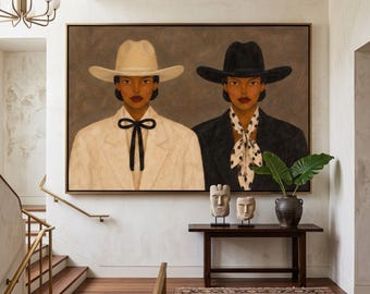 Textured Portrait Painting, Black and White Hat Women Art, Heavy Impasto Palette Knife Wall Decor, Modern Bohemian Artwork