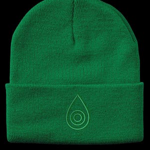 May include: A green knitted beanie with an embroidered logo of a stylised water drop.