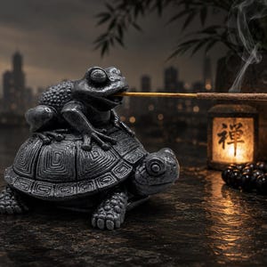 Puede incluir: Un porta-incienso de piedra gris oscuro con textura que muestra una rana sobre una tortuga. La rana sostiene en su boca una fina varilla de incienso de madera de la que sale un hilo de humo. Una pequeña linterna muestra el carácter japonés Zen.