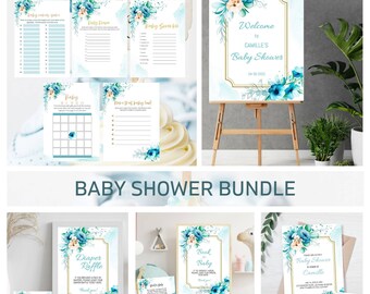 Baby Shower Invitation Bundle Template, Blue Baby Shower Mega Bundle, Gender Neutral Baby Shower Large Bundle, Printable Floral Baby Shower