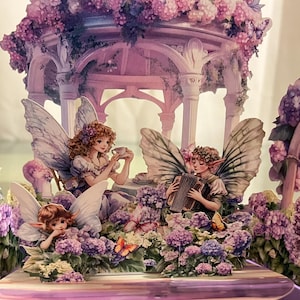 3D beautiful Fairies and elves garden scene card.