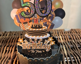 Cartão pop-up 3D deslumbrante para bolo de 50 anos em dourado e preto