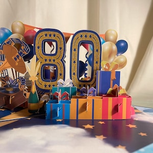 Pop up 3D fantastic 80th celebration birthday card
