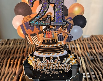 Cartão pop-up 3D deslumbrante para bolo de aniversário de 21 anos em dourado e preto