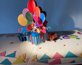 Hermosos globos 3D emergentes y regalos, tarjeta de cumpleaños