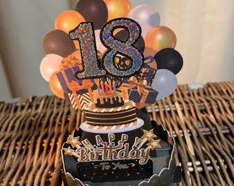 Cartão pop-up 3D deslumbrante para bolo de aniversário de 18 anos em dourado e preto