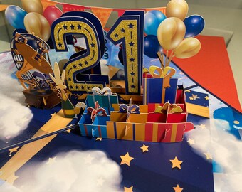 Cartão de aniversário pop-up 3D fantástico para a celebração do 21º aniversário
