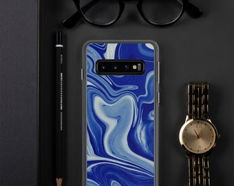 Blue Marble Phone Case For Samsung, Blue And White Aesthetic Phone Cover, Marbled Abstract Phone Case Design.