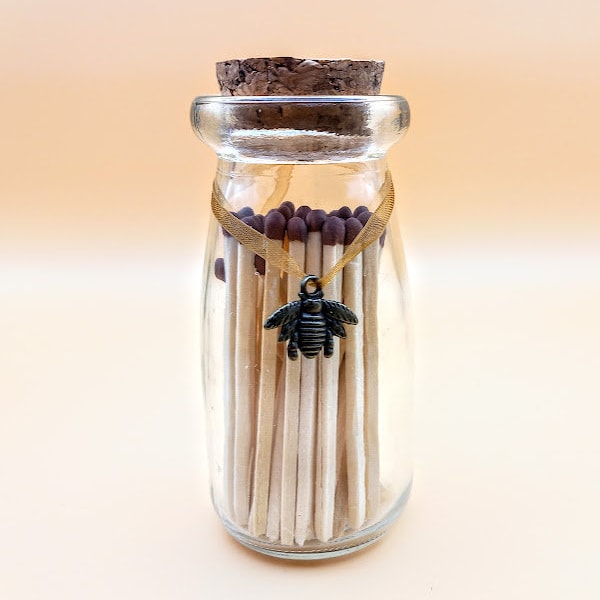 Cute Matches Jar - 40 Matches - with Metal Charms in: Tree of Life, Bee, Bird, Owl, Bicycle, Yacht - inside Organza Bag - Lovely Small Gift.