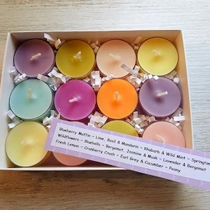 Hand Poured Scented Tealights – 12 Assorted Fragrances & Colours - Gift Boxed