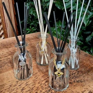 May include: Four clear glass diffuser bottles, each containing a set of reed sticks. Two bottles hold black reeds, while two hold white reeds. Each bottle features a decorative charm tied around the neck, including a bee, a tree, and others.