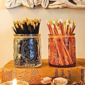 Beautiful Vintage Style Matches Jars - Clear or Amber Glass - 75 Long Coloured Matches with Coloured Tips - Strike Paper - Gift Boxed