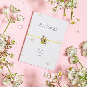 Cartão e Pulseira com Sementes da Pequena Abelhinha | Pulseira Bee Kind Bee You | Presente para Amantes de Abelhas | Joias com Pingente de Abelha