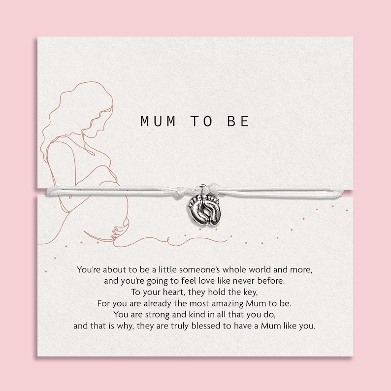 Bracelet with baby feet charm on a card for 'Mum to Be' with text and Letterbox Love branding. A cute bracelet for a Mum to Be