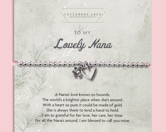 Lovely Nana Bracelet | Silver Heart & Flower Charm Bracelet | Christmas Gift for Nana | Grandma Gift | Family Jewellery | Gift Box Included