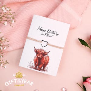 Cadeau d'anniversaire vache Highland pour elle | Carte mère et bracelet | Joyeux anniversaire à Moo | Cadeau écologique pour elle