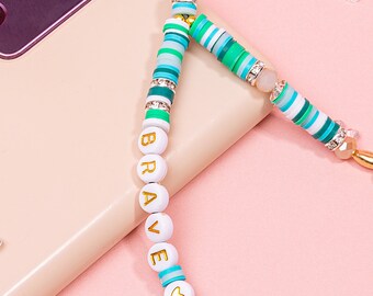 Affirmation Phone charm Straps | Phone Chain | BRAVE Phone Chain | Clay Turquoise phone strap  | phone protection accessory