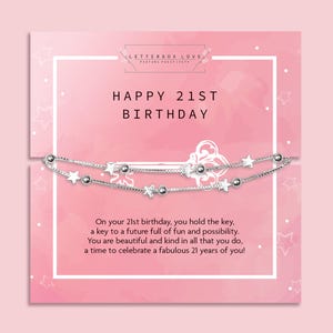 21st birthday bracelet gift, an  elegant silver star and bead charm bracelet on a pink card with a key and heartfelt message. A meaningful letterbox jewellery gift for daughter, granddaughter, or best friend turning 21. Perfect milestone birthday keepsake.