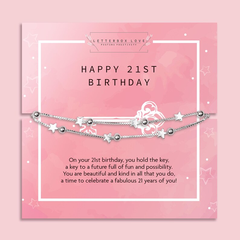 21st birthday bracelet gift, an  elegant silver star and bead charm bracelet on a pink card with a key and heartfelt message. A meaningful letterbox jewellery gift for daughter, granddaughter, or best friend turning 21. Perfect milestone birthday keepsake.