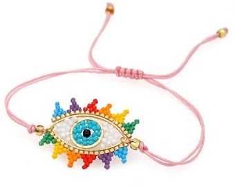 Bohemian Evil Eye bracelet, Rice Bead Rainbow Beaded Bracelet, Adjustable beaded bracelet, Rainbow bracelet,  Friendship bracelet