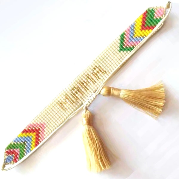 Woven multicolor seed bead chevron MAMA bracelet with tassels