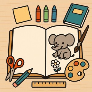 May include: An open book with a drawing of a gray elephant and a flower, surrounded by art supplies. Includes crayons, a paintbrush, scissors, a pencil, a ruler, a notepad, and a palette.