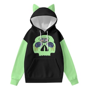 Skull Hoodie With Ears, Cybergoth Hoodie, Cyberpunk Gifts, Sci Fi Fashion, Y2K Fashion, Alien Aesthetic, Uchuu Kei, Cat Ear Hoodie