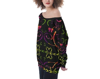 Neon Ribbon Scuba Off Shoulder Sweater, Plus Size Kawaii