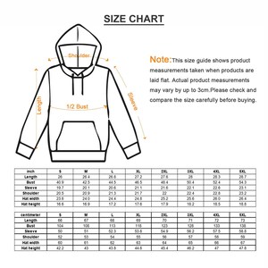 May include: Size chart for a hoodie with measurements in inches and centimeters. The chart shows the length, bust, sleeve, shoulder, hat width, and hat height for sizes S through 5XL.