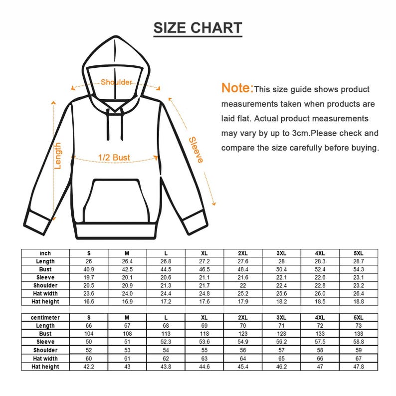 May include: Size chart for a hoodie with measurements in inches and centimeters. The chart shows the length, bust, sleeve, shoulder, hat width, and hat height for sizes S through 5XL.