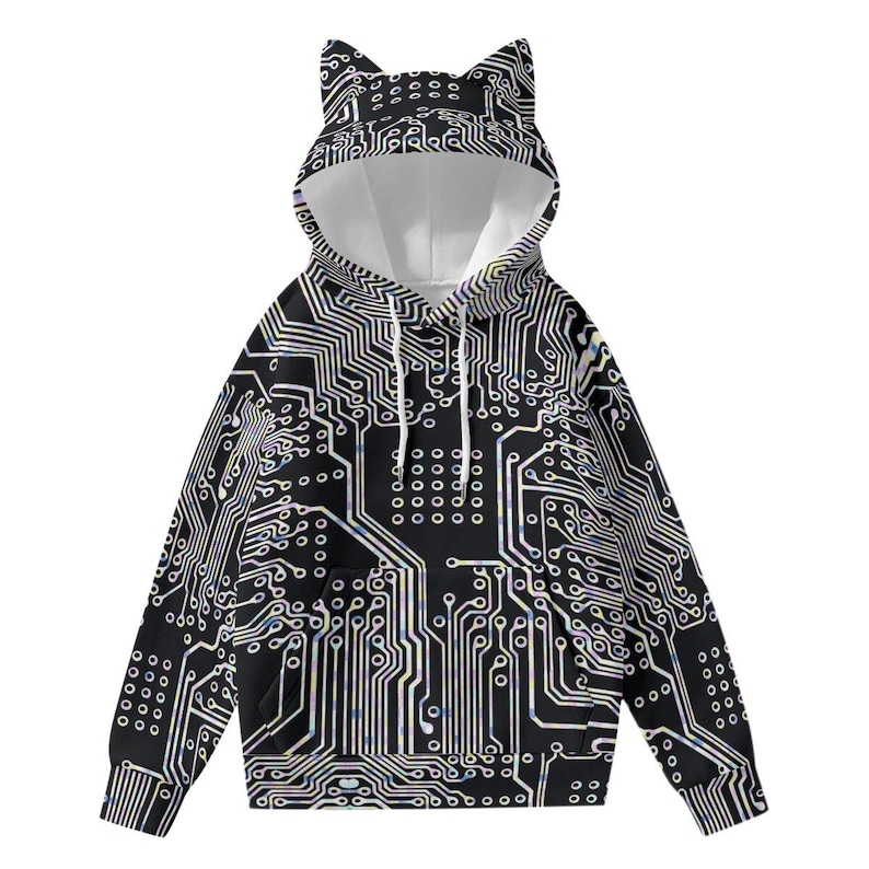 May include: Black hoodie with a white hood and cat ears. The hoodie has a circuit board pattern all over it.