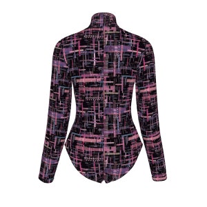 May include: A long-sleeved, black bodysuit with a geometric pattern in shades of pink, purple, and blue.