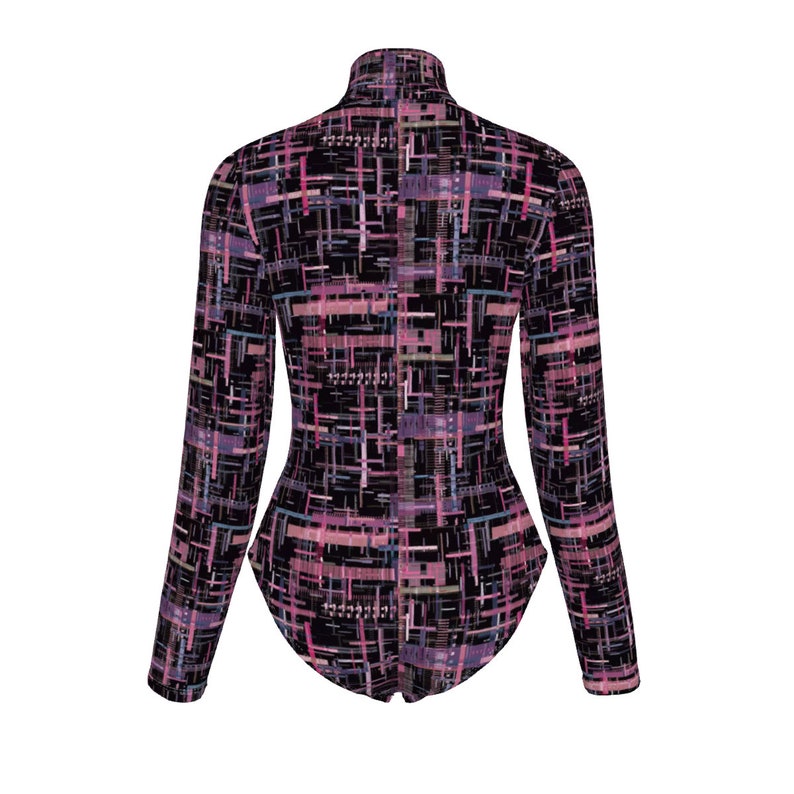 May include: A long-sleeved, black bodysuit with a geometric pattern in shades of pink, purple, and blue.