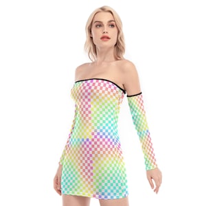 May include: A rainbow checkered off-the-shoulder mini dress with long sleeves. The dress has a black trim around the neckline.