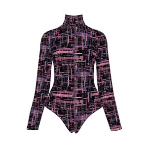 May include: A black long-sleeved bodysuit with a geometric pattern in shades of pink, purple, and blue.