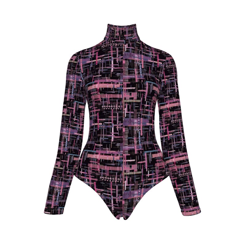 May include: A black long-sleeved bodysuit with a geometric pattern in shades of pink, purple, and blue.