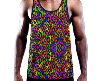 Rainbow Leopard Print Muscle Tank Top, Y-Back Rave Vest