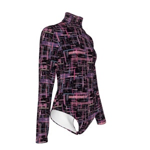 May include: A black long-sleeved bodysuit with a pink and purple geometric pattern.